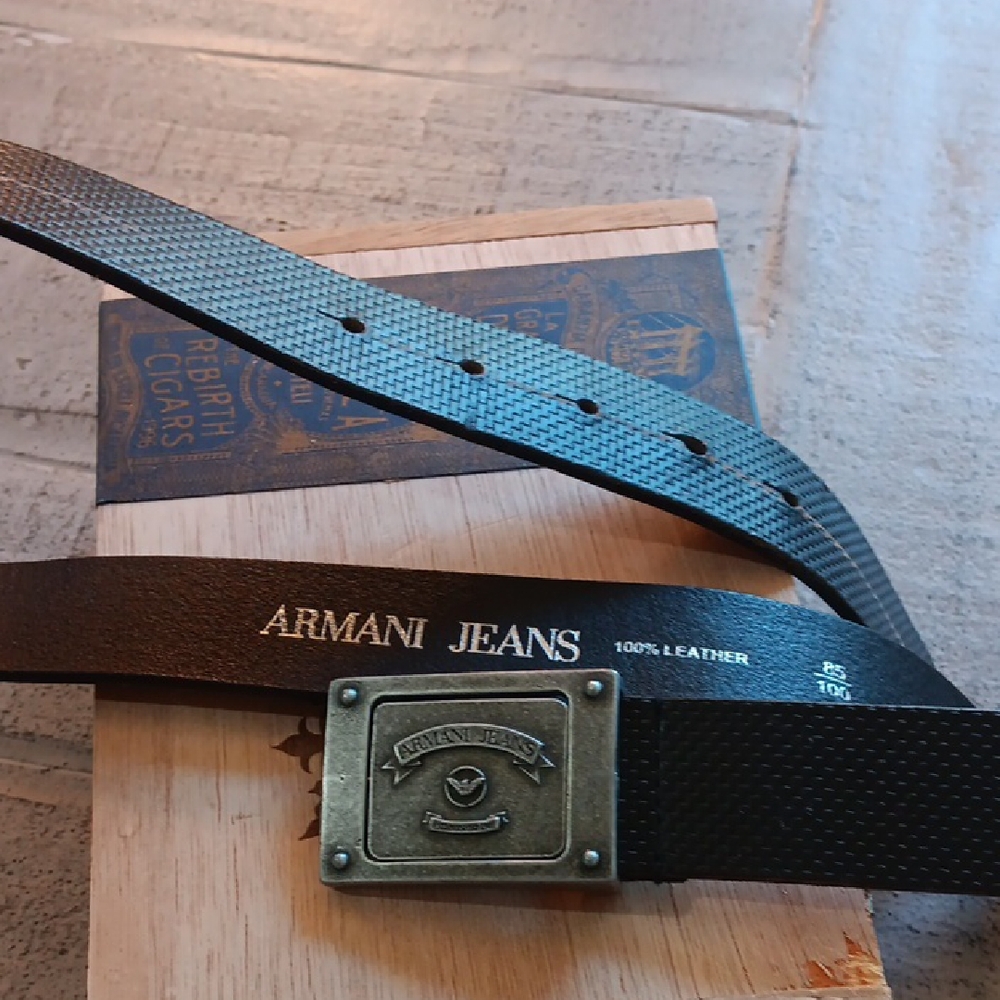Armani Jeans Black Leather Belt with Brass-Tone Square Buckle